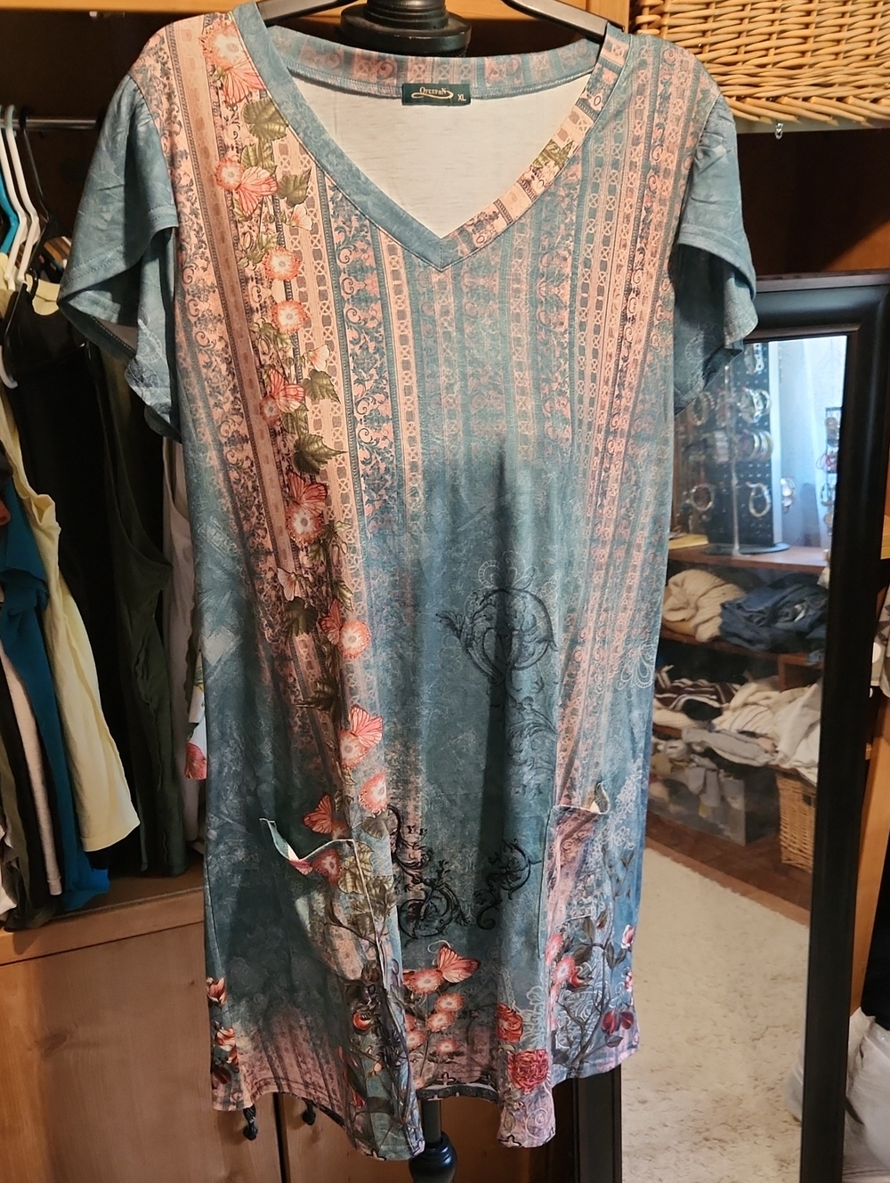 Boho Floral V-Neck Mini Dress in Teal and Pink